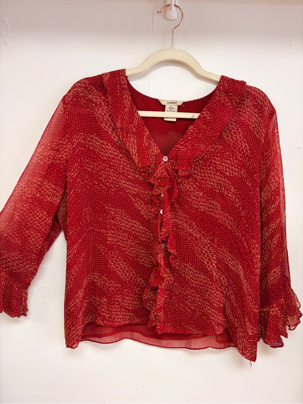 Vintage Y2K Edward red & tan ruffle hem 100% silk button down blouse